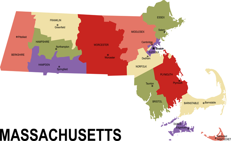 colorful flat map of the state Massachusetts USA with counties, capital and cities