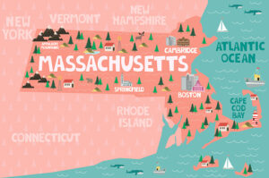 Illustrated map of the state of Massachusetts in United States with cities and landmarks. Editable vector illustration