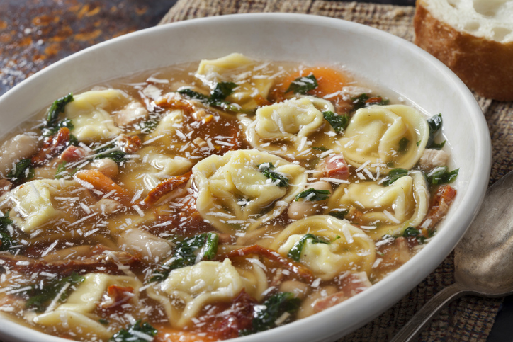 Italian White Bean, Pancetta and Tortellini Soup with Spinach Carrots and Sun Dried Tomatoes