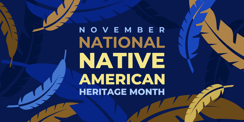 Native american heritage month. Vector banner, poster, card, content for social media with the text National native american heritage month. Background with a national ornament, a pattern of feathers
