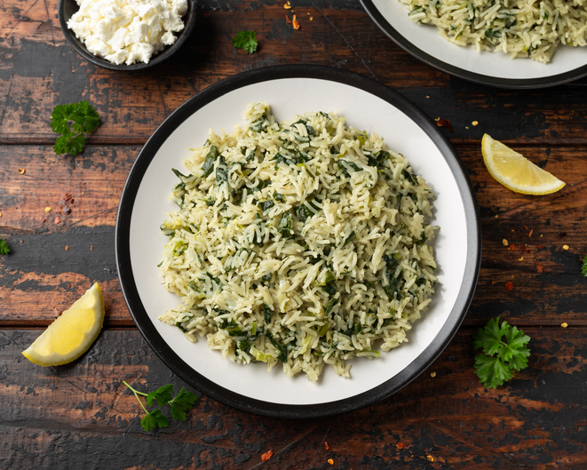 Spanakorizo, greek spinach rice. Healthy vegetarian food.