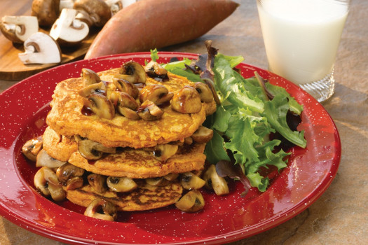 Sweet Potato Pancakes with Balsamic Maple Mushrooms