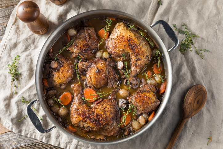 Homemade French Coq Au Vin Chicken with Veggies and Sauce
