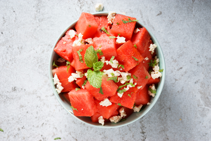 watermelon salad with crumble feta cheese in bowl