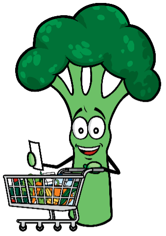 Cooking Broc-SNAP-Ed mascot using a shopping list at the store.