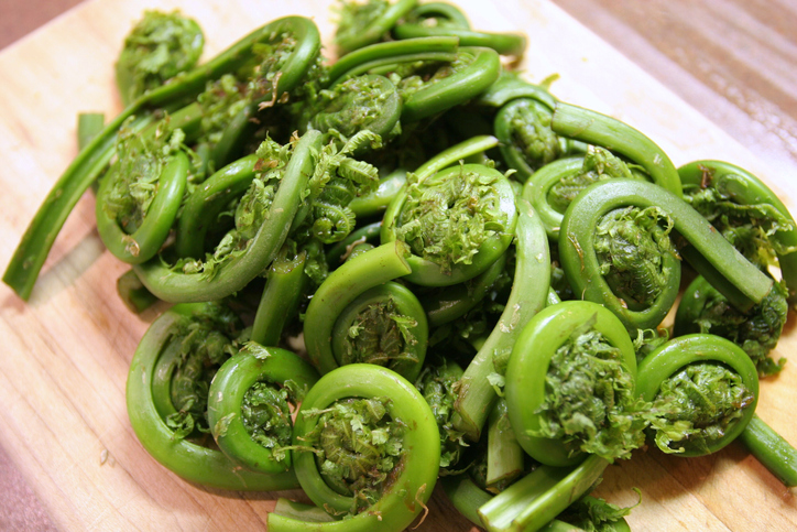 Fiddlehead fern buds (french: tête de violons). Fine and delicious vegetables, available only in early springtime, used as a speciality in Canada and in the East of U.S.A.