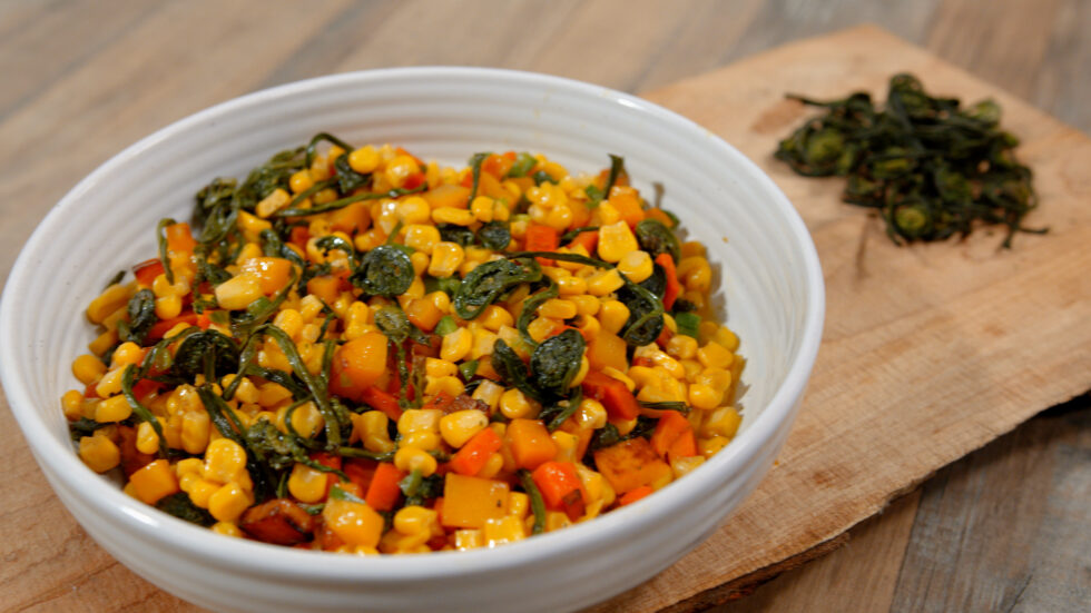 Three Sisters Inspired Succotash with Fiddleheads