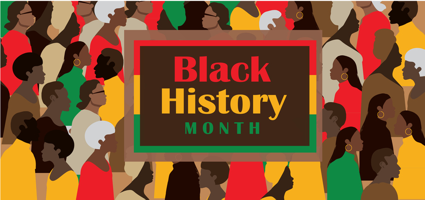 Black History Month February concept with people silhouettes. Horizontal banner template design, poster with text.