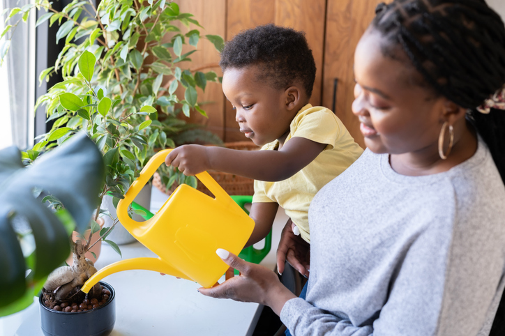 African-American mother and cute little son watering house plants together. Helping hand. House chores and early education.
