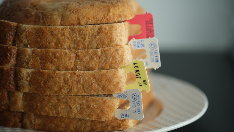 label sticker that shows the Best Before date of bread.