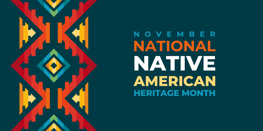 Native american heritage month greeting. Vector banner, poster, card, content for social media with the text Native american heritage month, november. Green background with native ornament border.