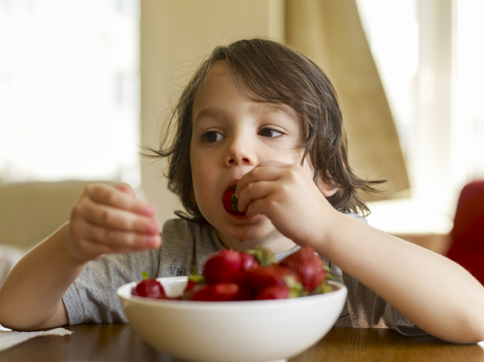 Cute kid eating strawberries