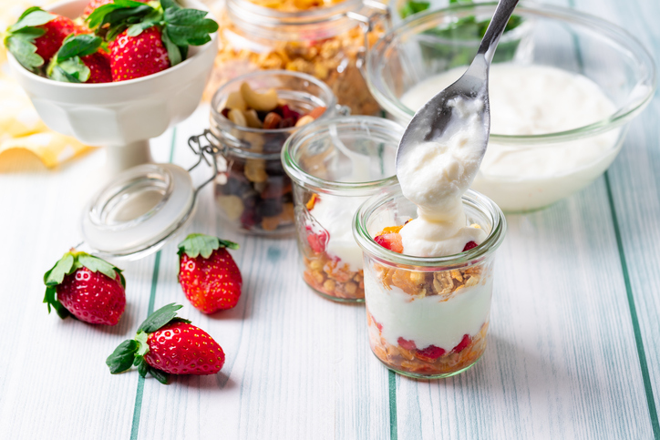 Strawberry, granola and yogurt healthy breakfast parfait