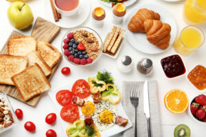 Fresh and tasty breakfast on kitchen table