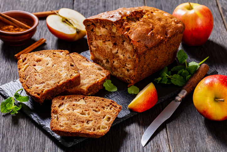 apple cinnamon bread on slate board, top view